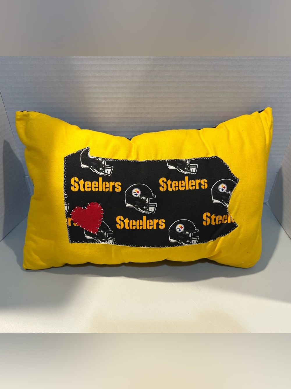 Handmade 15x8” Pittsburgh Steelers PA State Appliqué Throw Pillow with Heart